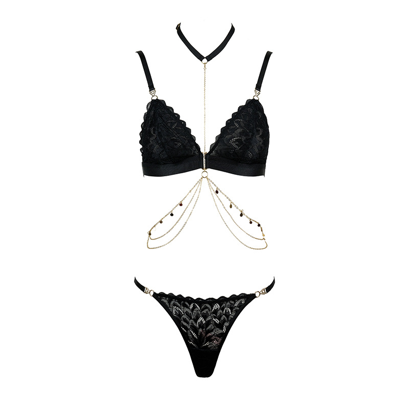 Gold Chain Halter Lace Bralette Thong Set - Image 3