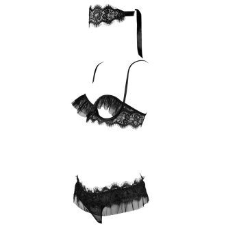 Ruffled Tulle Lace Bra & Panty Set with Eye Mask