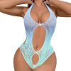 Sexy Gradient Halterneck Ripped Mesh Cut Out Bikini One-Piece
