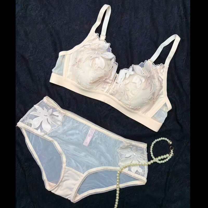 Laser Embroidered Wire-Free Breathable Cotton Bra Set with Thin Mesh Splicing - Image 4