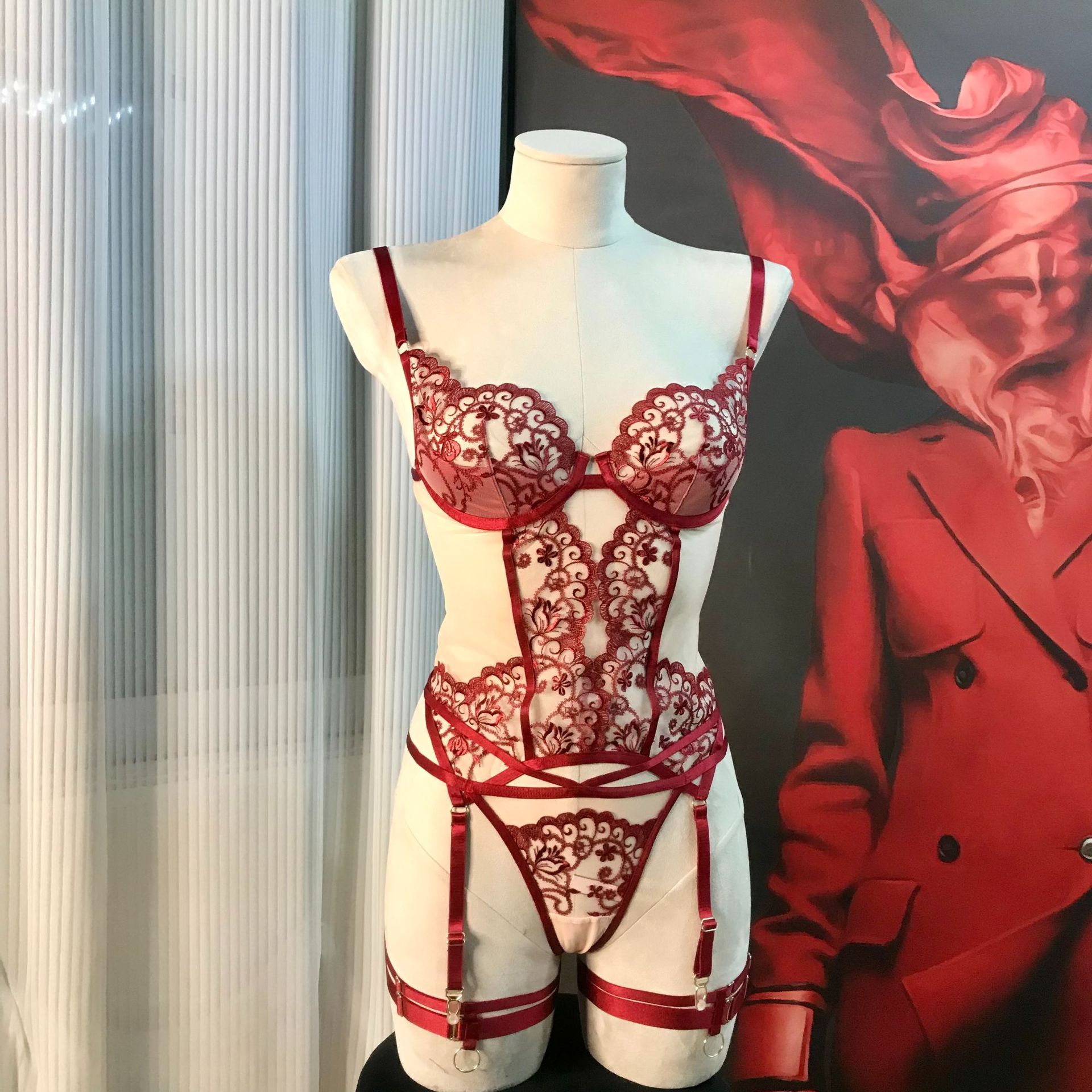 FQ2859 Mesh Embroidery Hollow Steel Ring G-String Leg Harness - Image 5