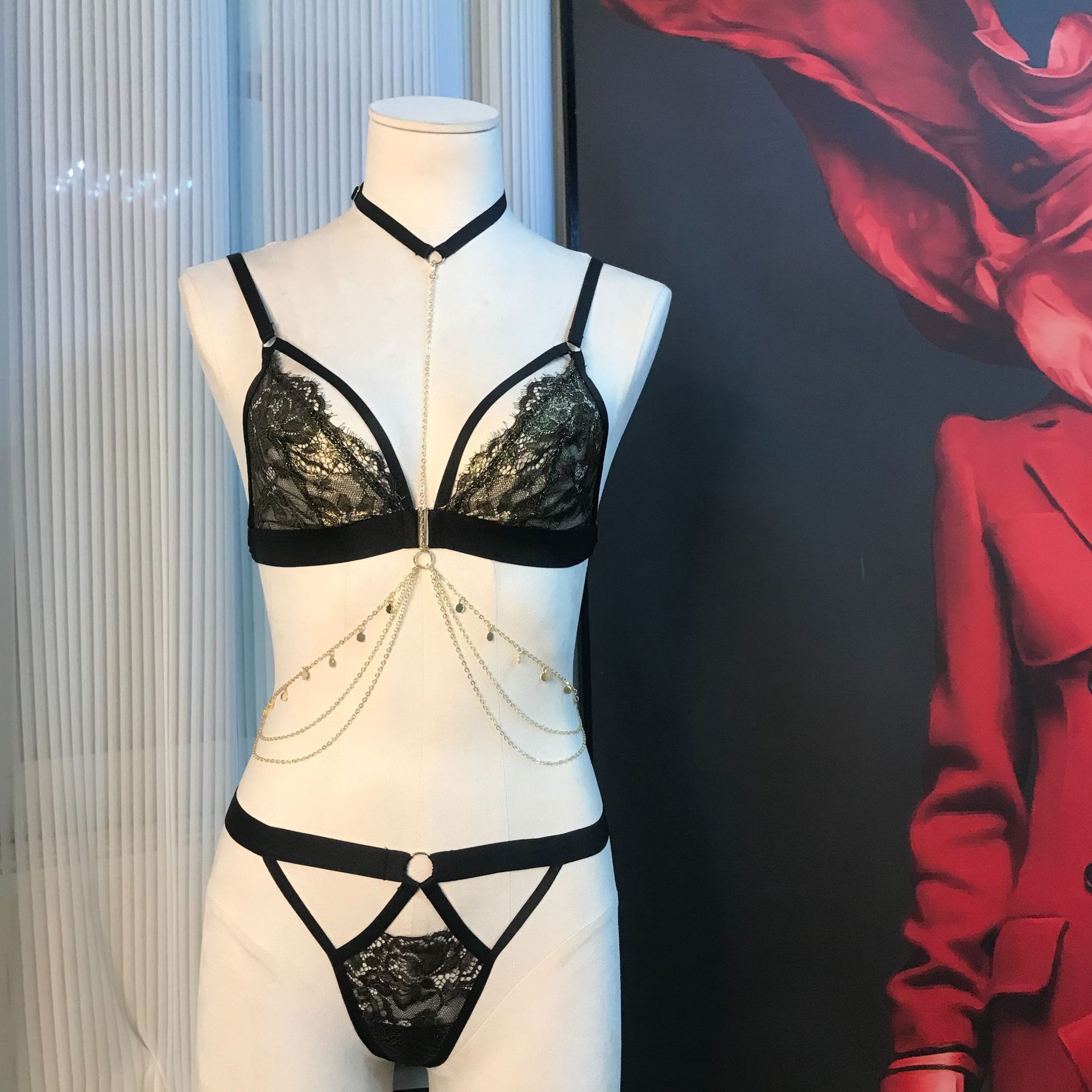 Ultra-Thin Gold Silk Lace Triangle Bra & Low-Waist T-Pants Set - Image 4