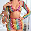 Women's Long Sleeve Hollow Out Mesh Fishnet Bodysuit Bandeau Bikini Style Lingerie