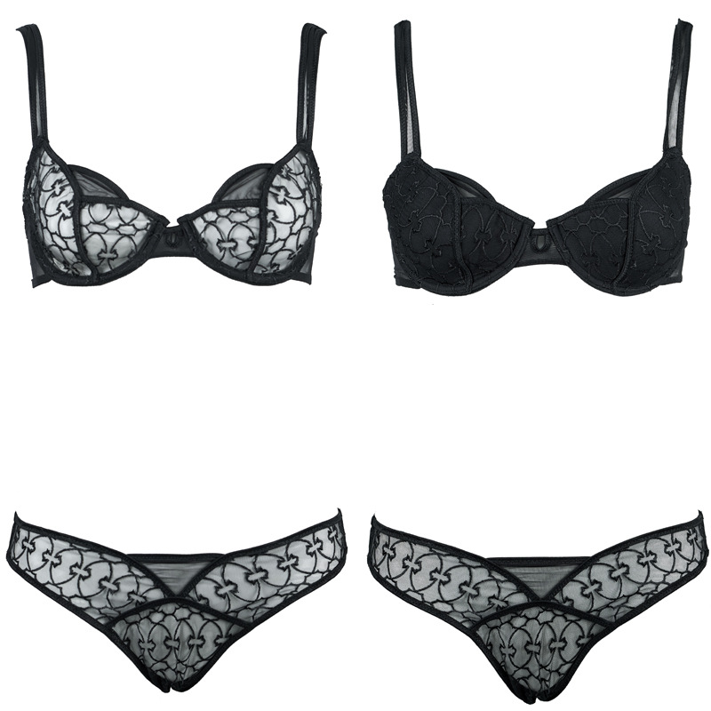 Black Embroidered Steel Ring Thin Cup Cotton Bra & Low Waist Briefs Set