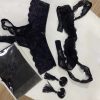 Lace Sleeve Sponge Bra & Panty Set with Black Stockings - Feminine Temptation