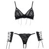 Women's Black Diamond Mesh Lace Open Crotch T-Pants with Steel Ring Set