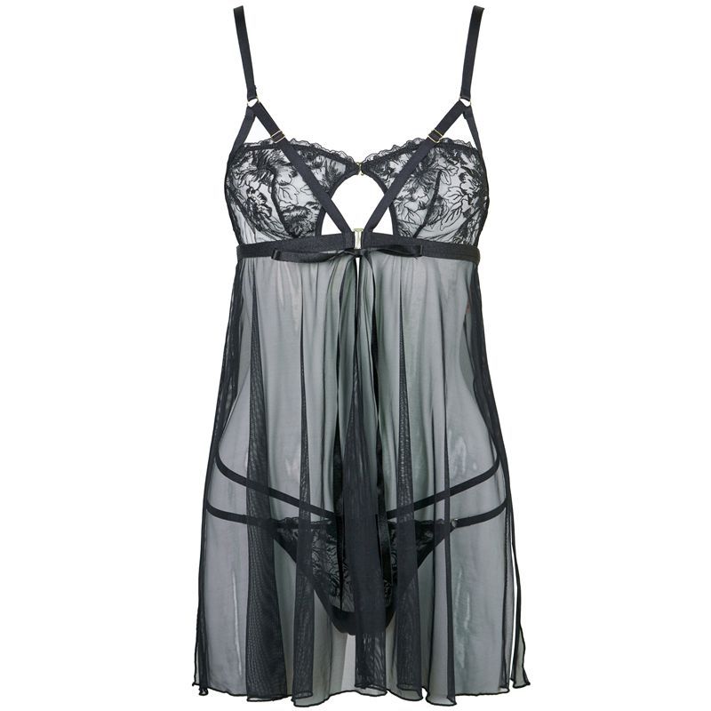 Black Mesh Sheer Embroidered Lingerie Set for Women - Sexy Waist-Cinching Nightdress - Image 4