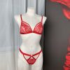 Red Rose Embroidered Halter Neck Diamond Chain French Triangle Cup Cut Out Low Waist Panty Set for Women