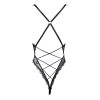 Women's Black Elastic Lace Deep V Halter Backless Jumpsuit with Open Crotch