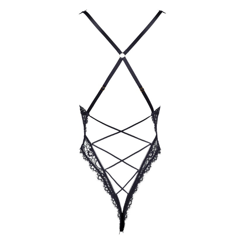 Black Elastic Lace Deep V Backless Bodysuit with Cross Straps