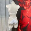 White Lace Cut Out Underwire Bra & Garter Panty Set - Blue