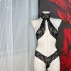 White Halter Lace Detachable Rhinestone Sexy Women's Jumpsuit Teddy