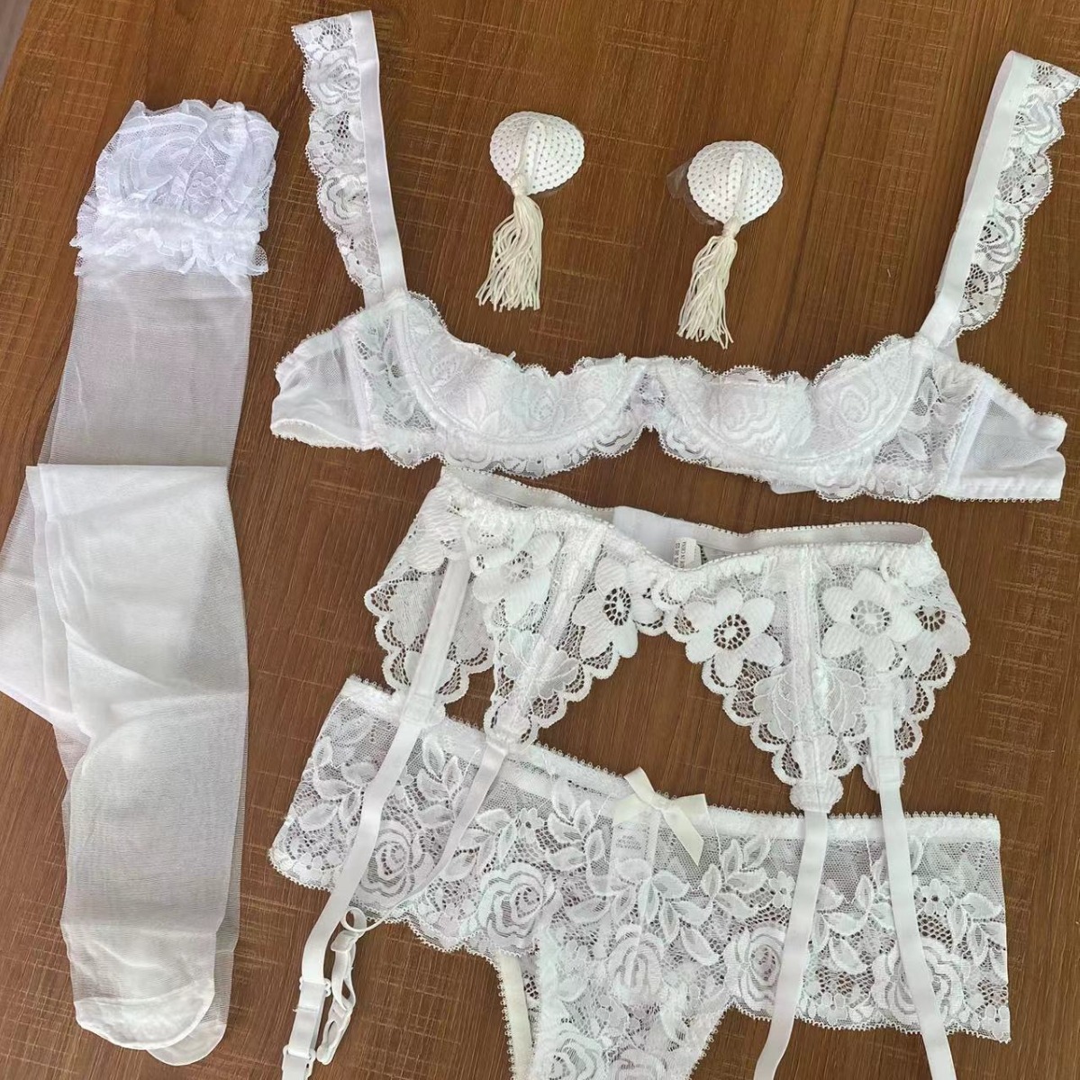pure white lace sponge steel support Dew bra mid-waist free underwear women's sexy lingerie suit - Image 4