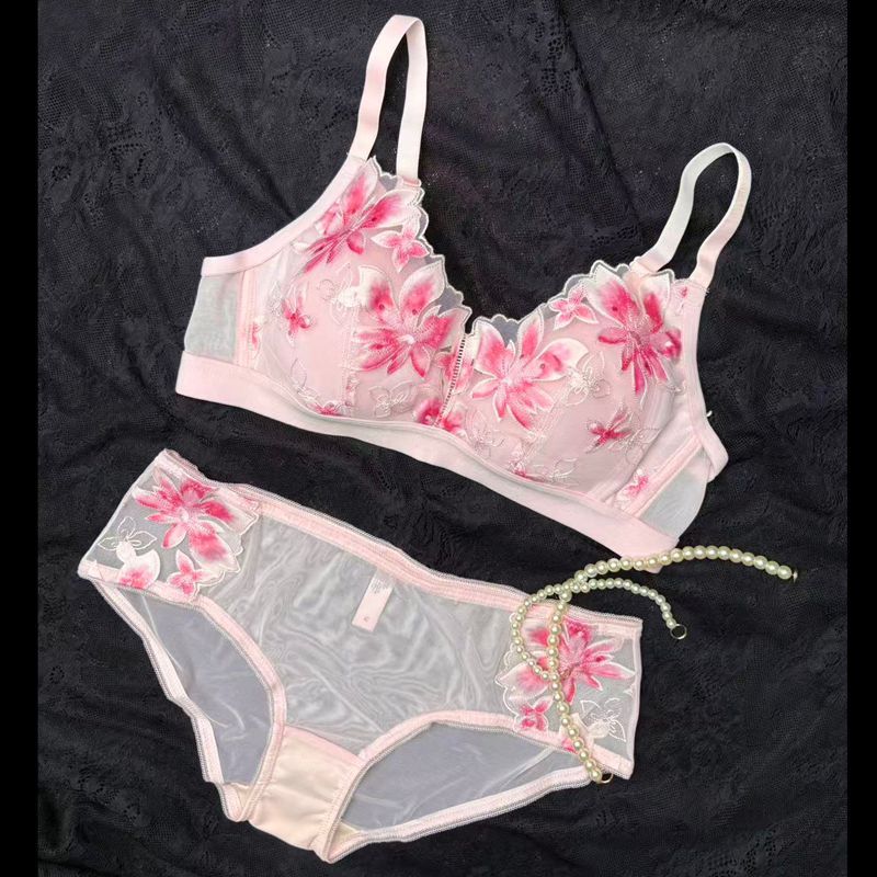 Laser Embroidered Wire-Free Breathable Cotton Bra Set with Thin Mesh Splicing - Image 2