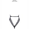 Women's Black Elastic Lace Deep V Halter Backless Jumpsuit with Open Crotch