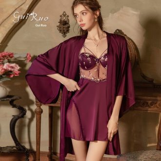 Rose Satin Embroidered Lace Padded Underwire Gathered Sheer Lace Backless Nightgown Robe Home Set
